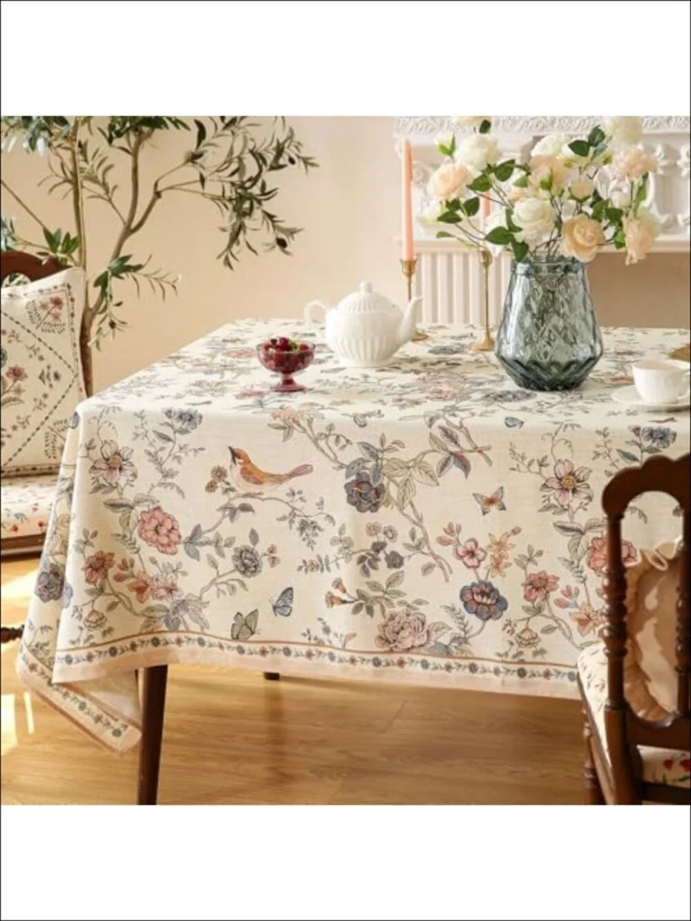 French Linen Rectangular Tablecloth 87x55 Floral Dining Table Cover